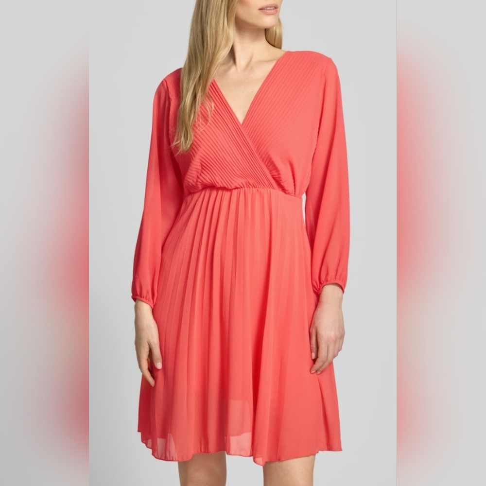 Little Mistress London Elegant Coral V-Neck Chiffon Pleated Dress CutOut Back 12